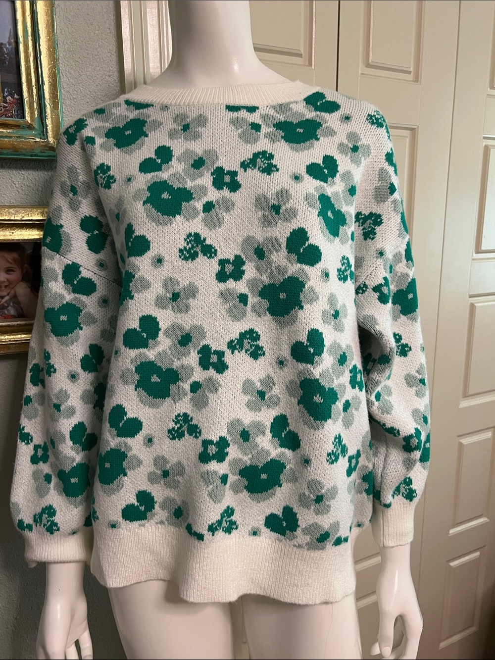 LOFT Cream Crewneck Sweater with Green Floral Print #EE